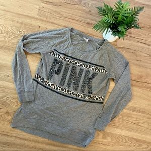 PINK Long Sleeve Sequins & Leopard Print Tee